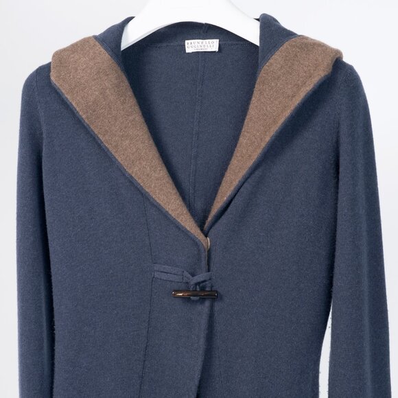 Brunello Cucinelli Blue & Taupe Two-Tone Cashmere Hooded Toggle Cardigan - Picture 3 of 9